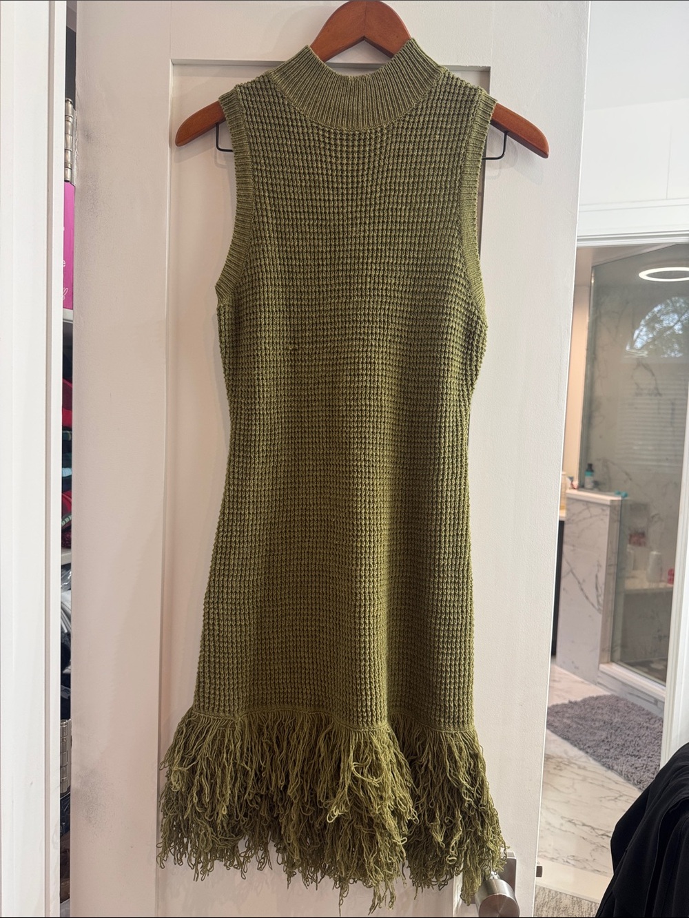 Commense Olive Green Sleeveless Knit Dress with Fringe Hem